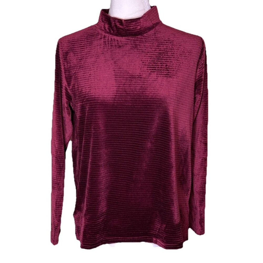 Women Petite Burgundy Velvet Mock Neck Top Long Sleeve Soft Stretch Cozy Size PM